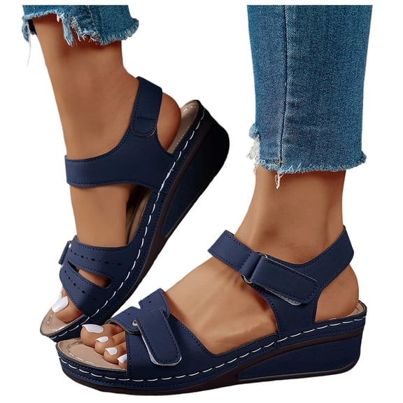 Rokment Womens Comfortable Wedge Dressy Sandals Ladies Fashion Casual Leather Adjustable Orthopedic Arch Support Platform Mid Heels Walking Summer Shoes Blue Size 6.5
