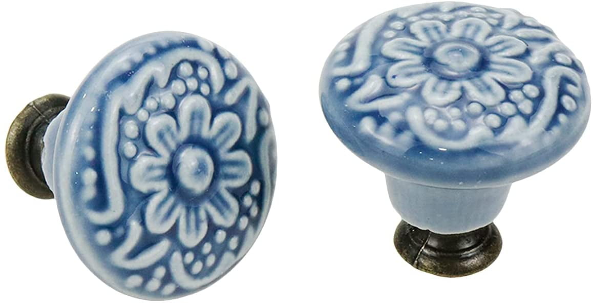 8 Pcs Round Ceramic Drawer Knobs Cabinet Furniture Handle Vintage Flower Pattern Knobs, with Mounting Screws, Green