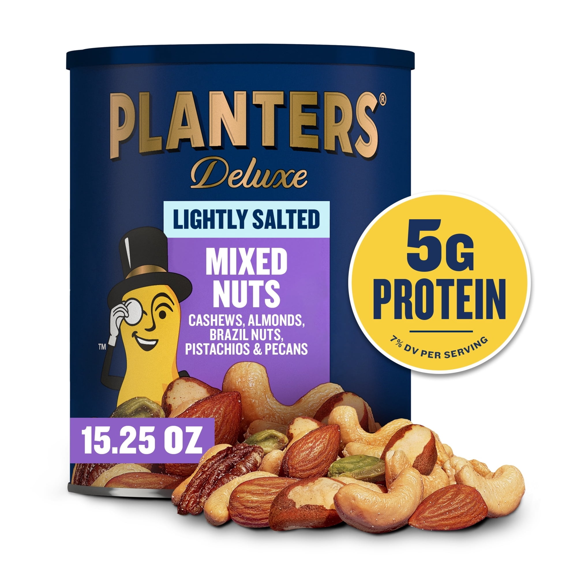 Planters Lightly Salted Deluxe Mixed Nuts with Cashews, Almonds, Brazil Nuts, Pistachios, Pecans. 5g Protein (6% DV) per serving, 15.25 oz Can