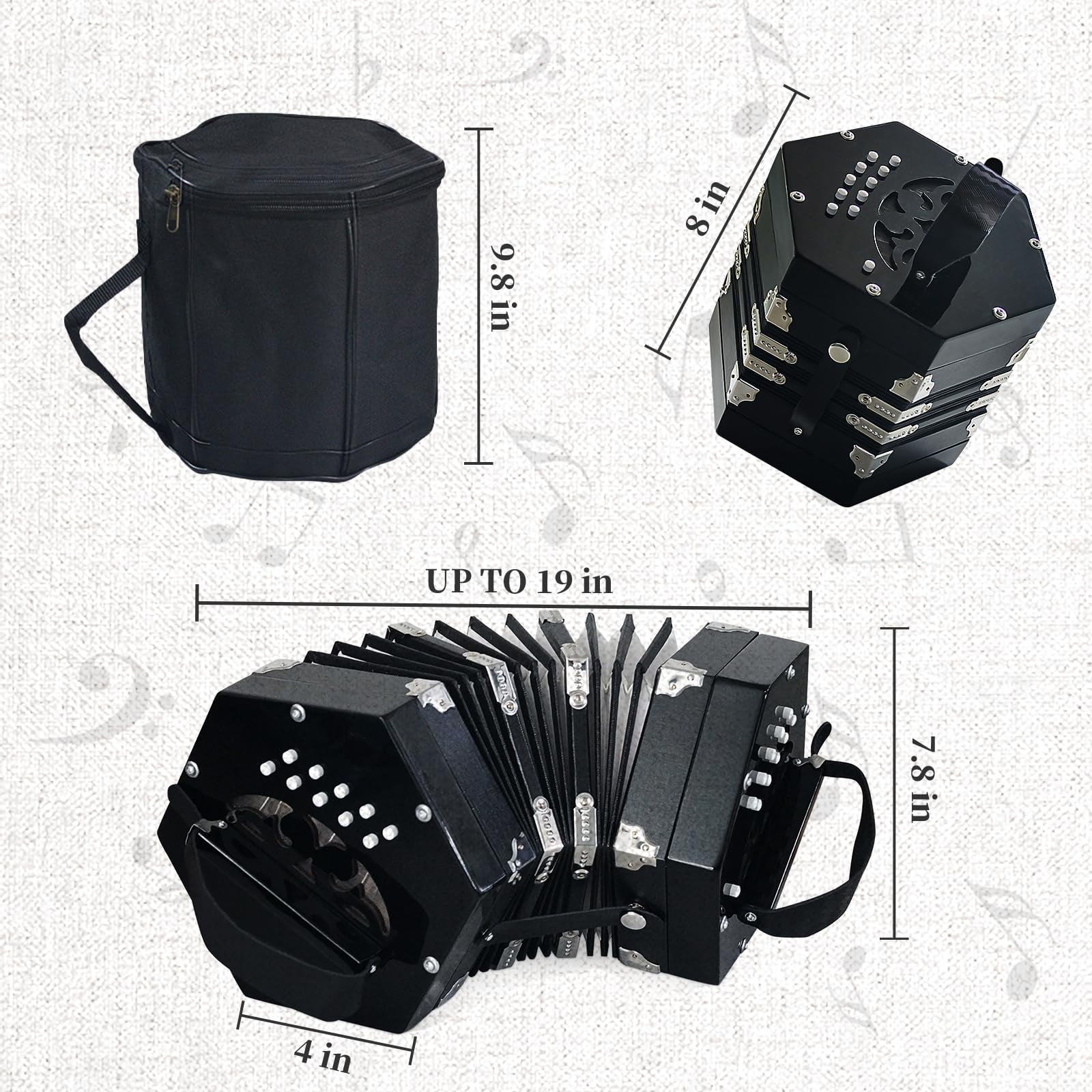 Concertinas,20-Key Accordion for Adults, Professional Accordion for Beginners, Adjustable Hand Straps, Instrument Accessories (Black)