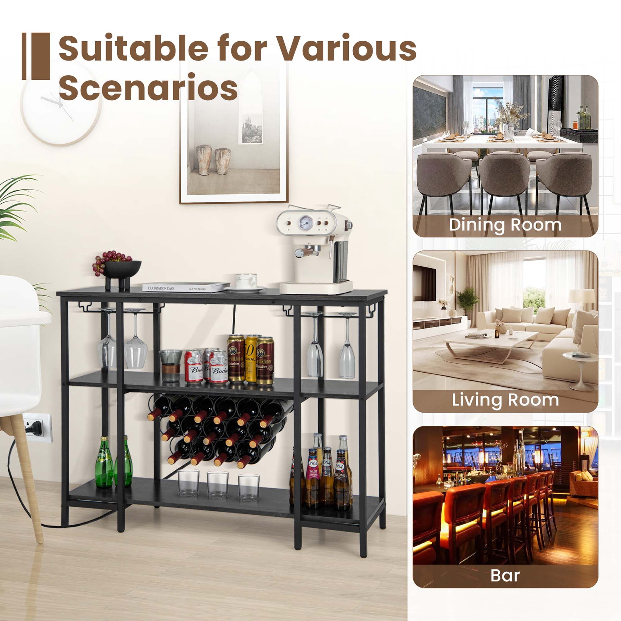 Costway  Cabinet Bar Table Rack Table for Drinks Glasses with Power Outlets Grey