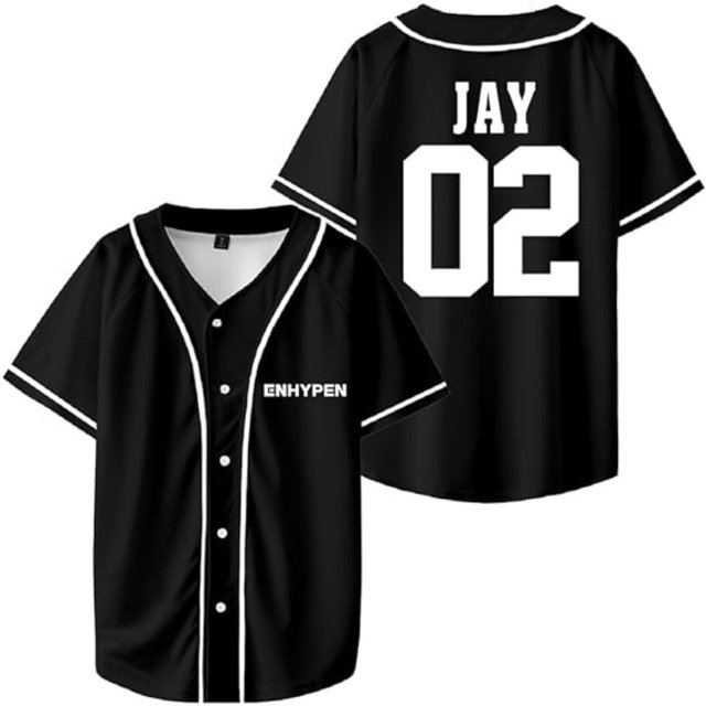 ENHYPEN Jay Merch T-Shirts Col en V Maillot de Baseball Chemise Mode Décontractée Manches Courtes pour Femmes Hommes, P, Noir