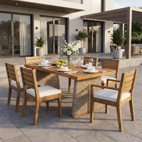 Christopher Knight Home Outdoor Dining Set for 6, Wood Table with Beige Cushioned Chairs, Brown Wicker
