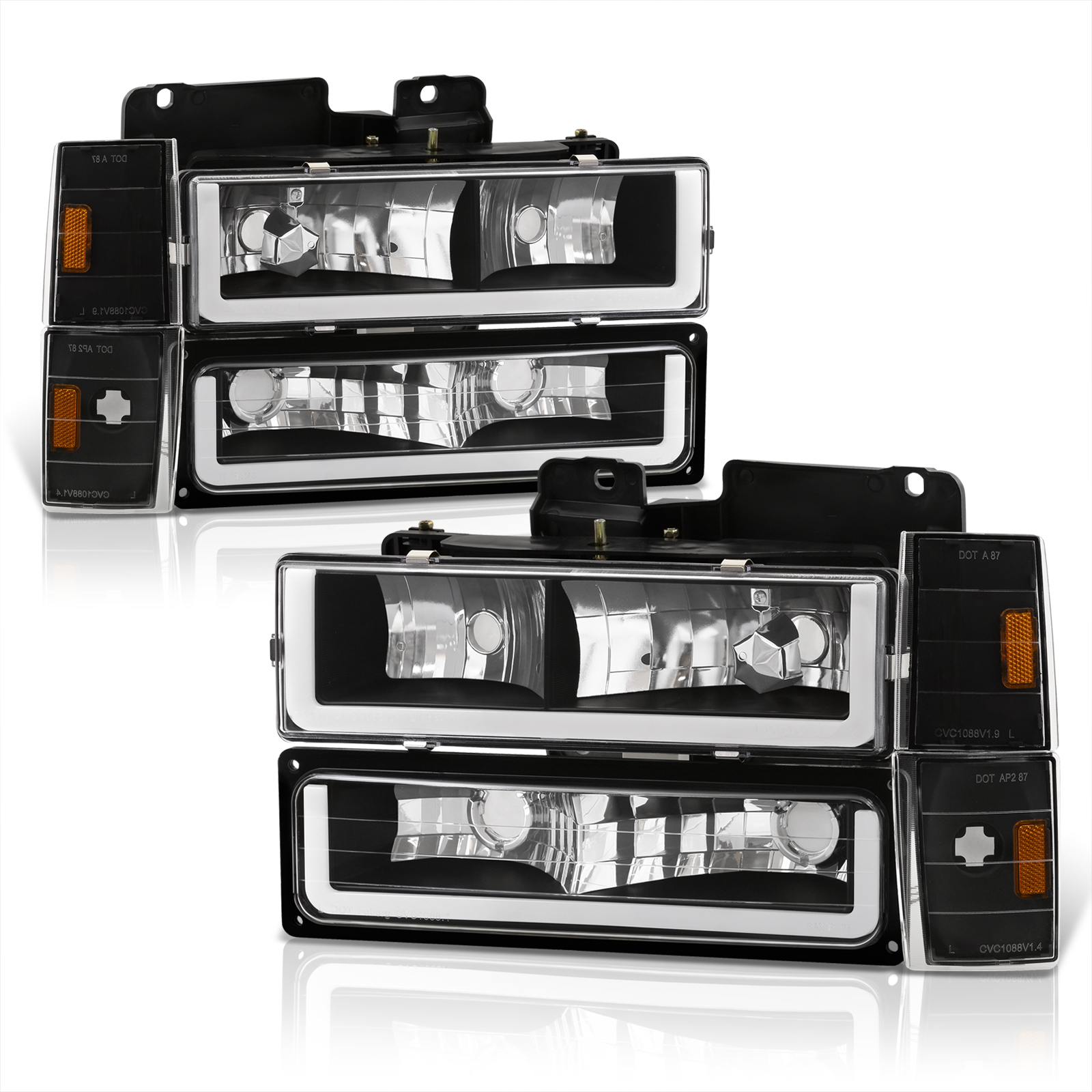 AJP Distributors Black Amber LED DRL Head Lights + Corner Bumper Lamps Compatible/Replacement For Chevy C10 C/K 1500 2500 3500 Blazer Silverado Suburban 1988 1989 1990 1991 1992 1993 88 89 90 91 92 93