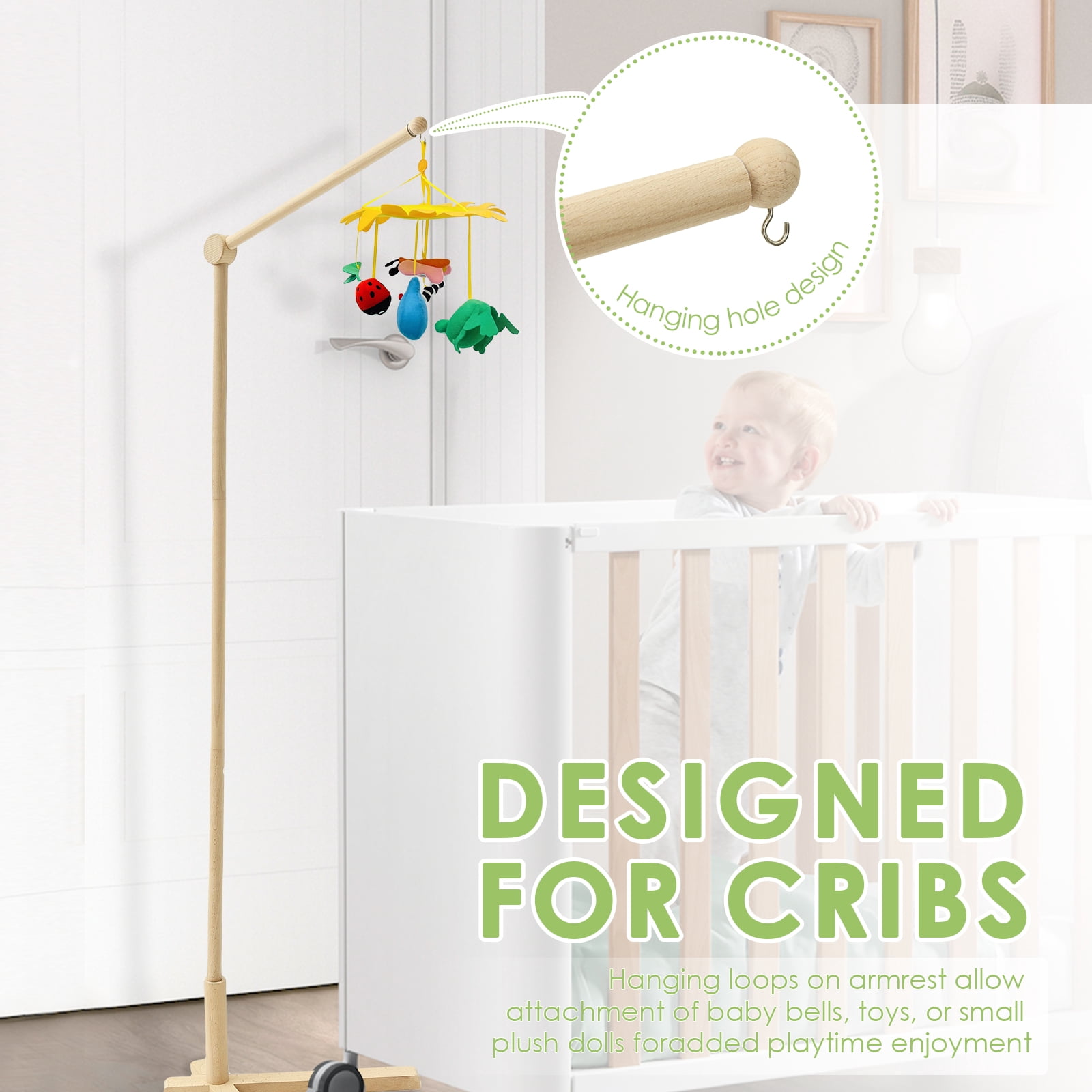 Wood Floor Standing Crib Mobile Arm Movable Baby Mobile Holder 55.51in Height Nursery Decor for Hanging Bed Bell Baby Bed Toys