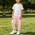 thumbnail image 2 of Girls 2PC Outfits Summer Short Sleeve Round Neck T-Shirts Loose Athletic Pants Sets Pink 7-8 Years, 2 of 9