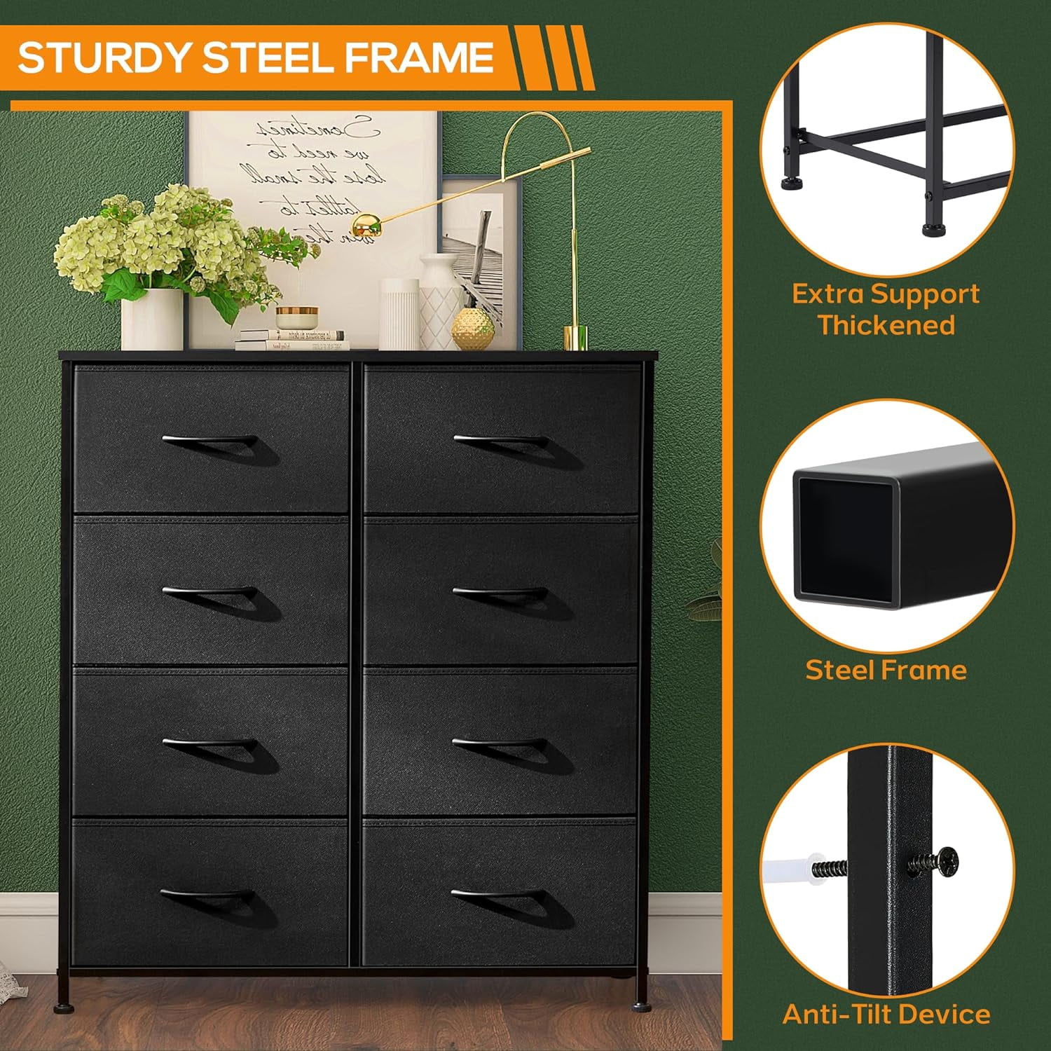 8 Drawer Dresser, Tall Chest Of Drawers Nightstand Storage Tower Storage Dresser Fabric Dresser With Wood Top for Living Room, Bedroom, Hallway, , Black