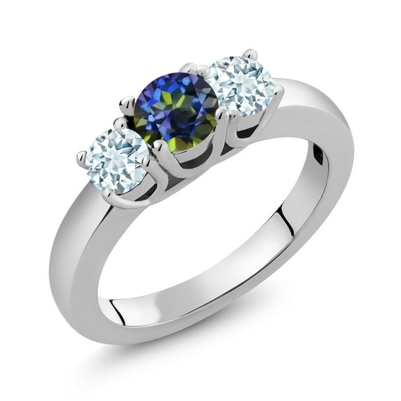 Gem Stone King 1.00 Ct Round Blue Mystic Topaz Sky Blue Aquamarine 925 Sterling Silver Classic 3-Stone Ring for Women (Size 5)