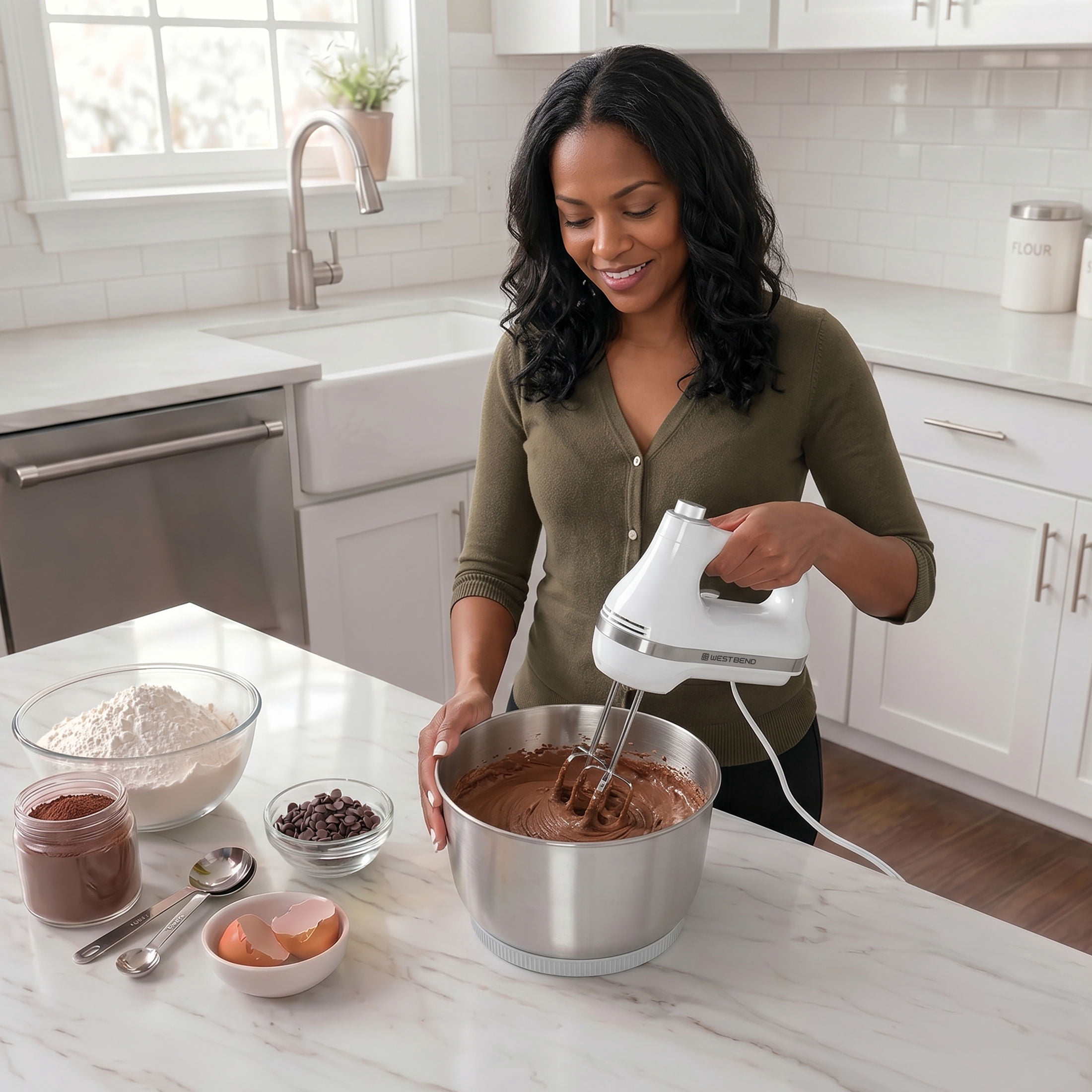 West Bend Two Sweet 2-in-1 Mixer, 4.4 Qt Capacity, Hands-Free Stand or Hand Mixer, 11 Speeds, Stainless Steel Bowl, in White (SMWB2N1WH13)
