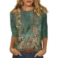 thumbnail image 2 of Women T Shirts 3/4 Length Sleeve Womens Tops Casual Loose Fit Crewneck T Shirts Cute Solid Three Quarter Length Tunic Tops,Green Women Blending Shirts L, 2 of 5