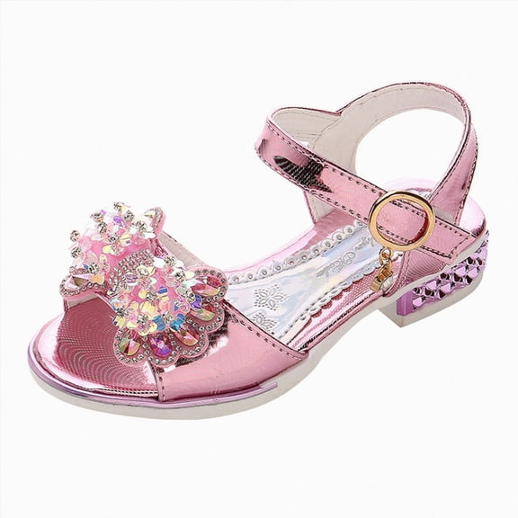 Ymyiu Heels for Girls Girls Dress Shoes Sandals Chunky Low Heels Bow Ankle Strap Flower Girl Party Shoes Size 13 (Pink,Little Kids 13)