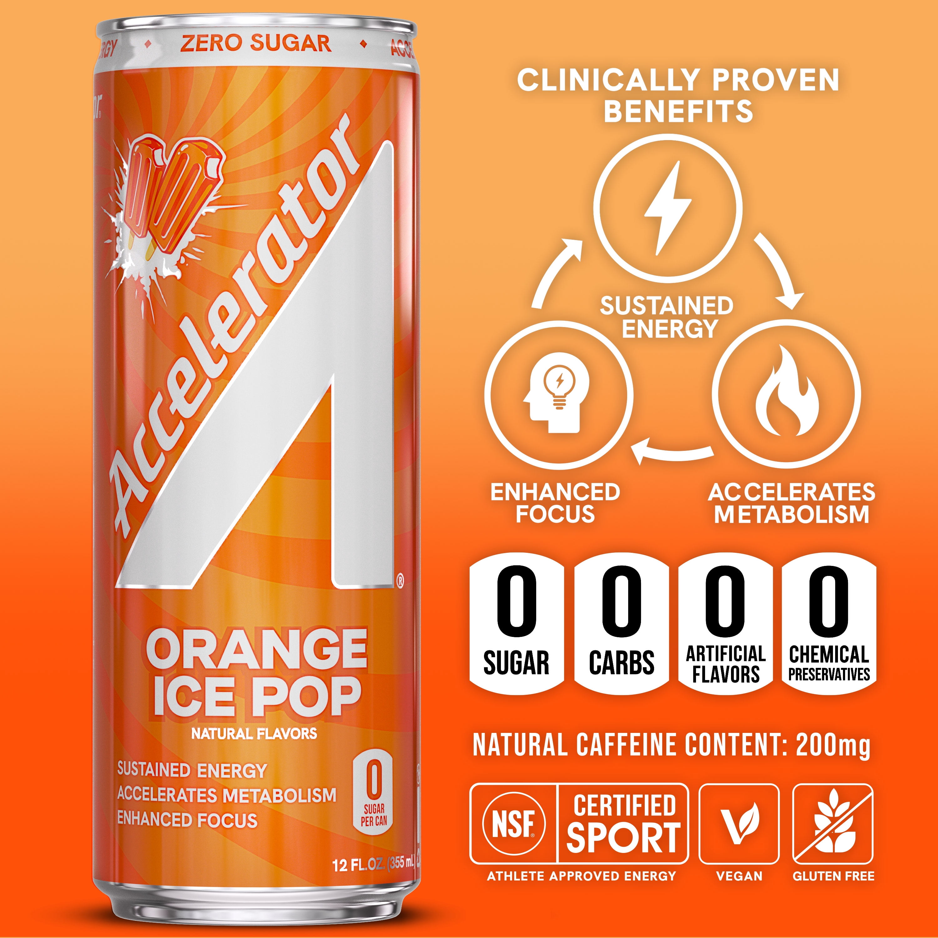 Accelerator Energy Drink, Orange Ice Pop 12 fl oz can (12 pack), Zero Sugar, Sustained Energy from 100% Natural Caffeine (200mg from Green Coffee Bean & Green Tea extract)