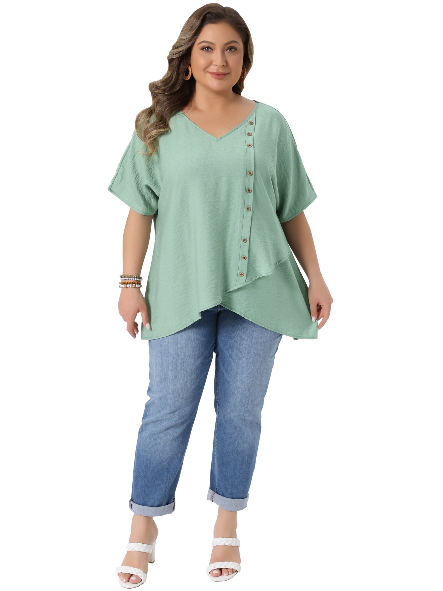 DARING DIVA Women's Plus V Neck Button Irregular Hem Blouses T-Shirts 2X Green