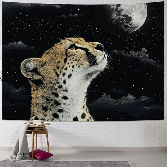 Patifu Cheetah Moon Stars Tapestry Wall Hanging Unique Style Art for Living Room Bedroom Home Decor Apartment Farmhouse Dorm, Graphic Tapestries Wall Art 40x30inch