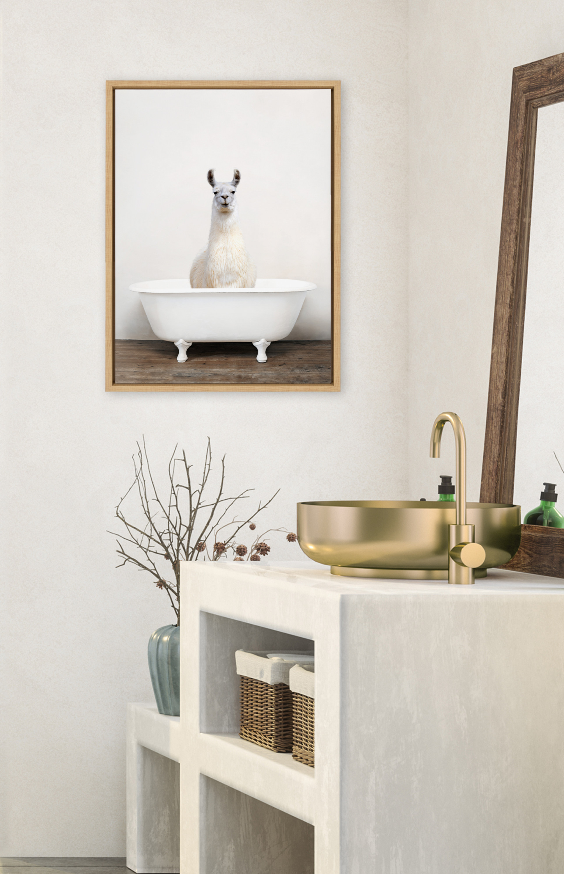 Kate and Laurel Sylvie Alpaca in the Tub Color Framed Canvas Wall Art by Amy Peterson Art Studio, 18x24 Natural, Modern Fun Decorative Bathtub Wall Art for Home Décor