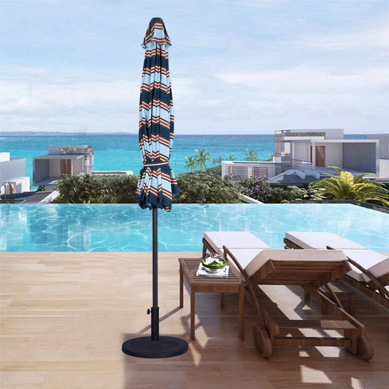 CozyHom Outdoor Outdoor 9 Ft Stripes Round Crank Premium Patio Umbrella, Market Table Umbrellas With Push Button Tilt And Crank Pool Umbrella, Blue & Brown striped