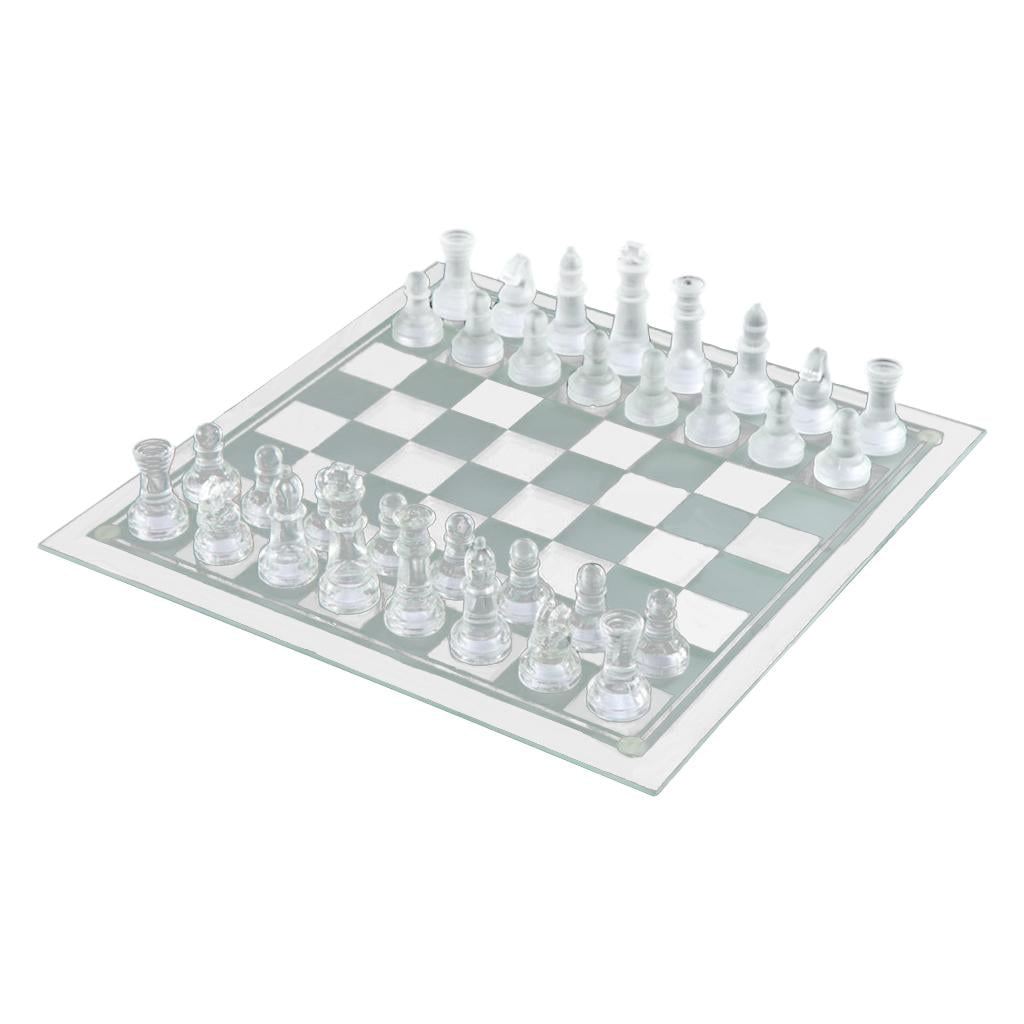 New Large Traditional Glass Chess Set Board Game 32 Frosted Pieces 25cm x 25cm 