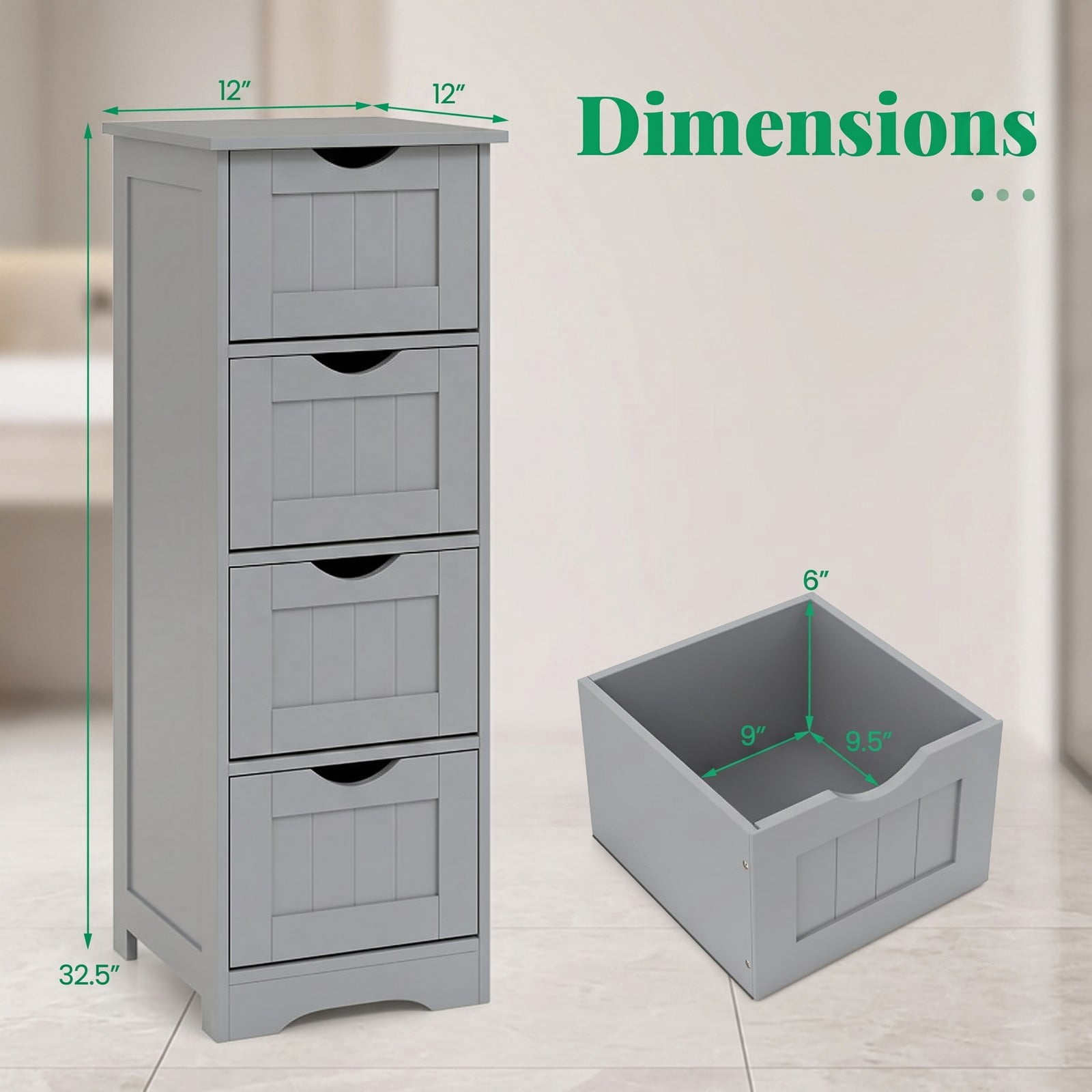 Fenbeli 4-Drawer Bathroom Floor Cabinet, Freestanding Wooden Storage Side Organizer with Anti-Toppling Device, Narrow Waterproof MDF Storage Tower for Bathroom, Gray