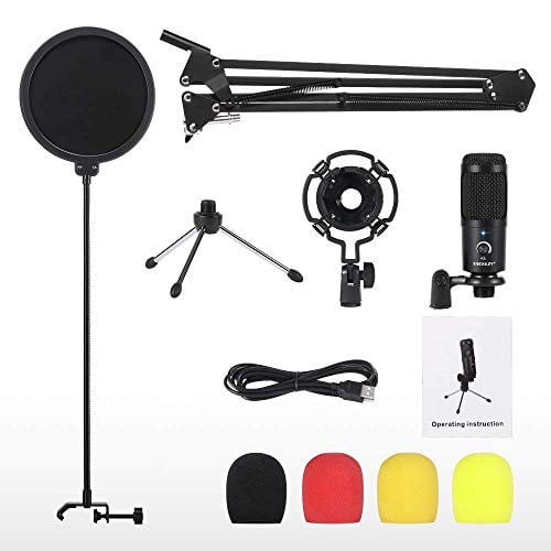 USB Condenser Microphone Bundle Kit,192KHZ/24BIT Professional Cardioid Computer Mic with Adjustable Scissor Arm Stand Shock Mount and Gain Knob for Recording,for Podcasting,Gaming,YouTube (Black)