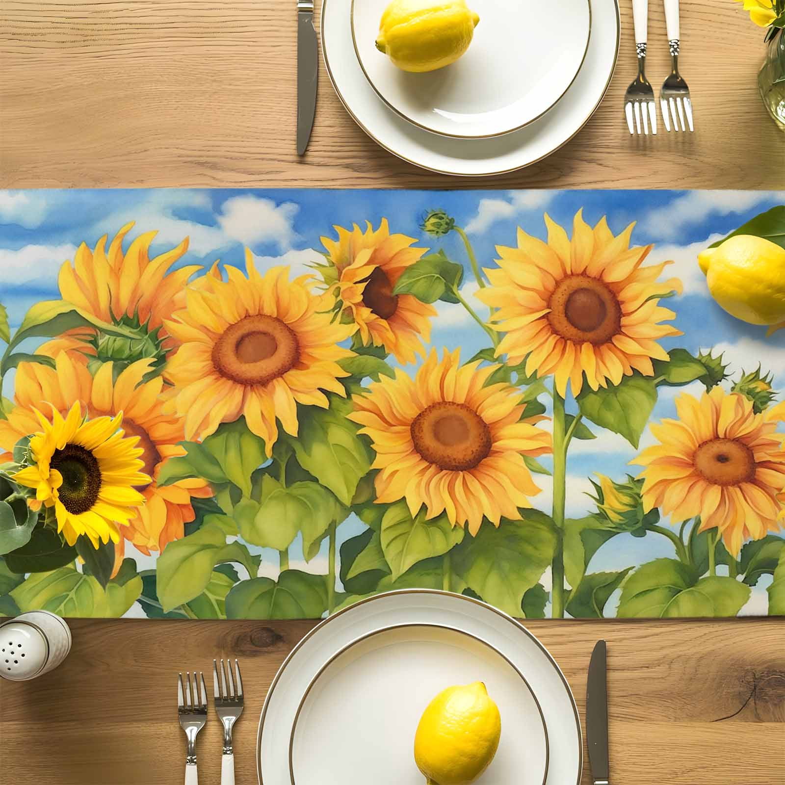 Farm Spring Garden Sunflower Table Runner 90 Inches Long, Floral Green Leaves Blue Sky Table Runners Tabletop Scarf Kitchen Dining Tables Decoration for Home Party Indoor Outdoor