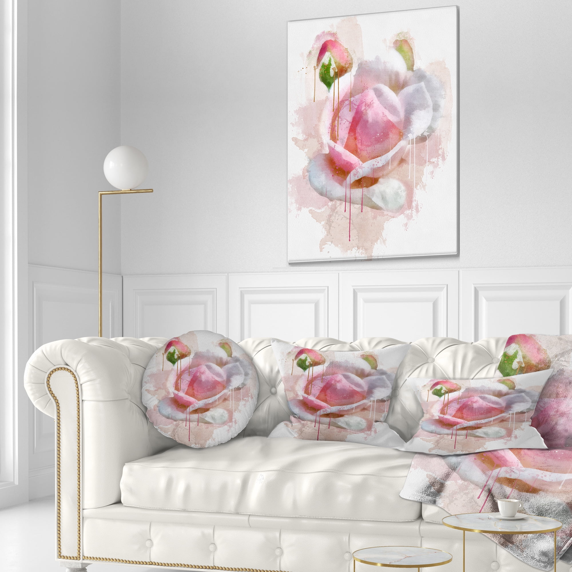 Designart Pink Rose Flower with Paint Splashes - Floral Throw Pillow - 12x20