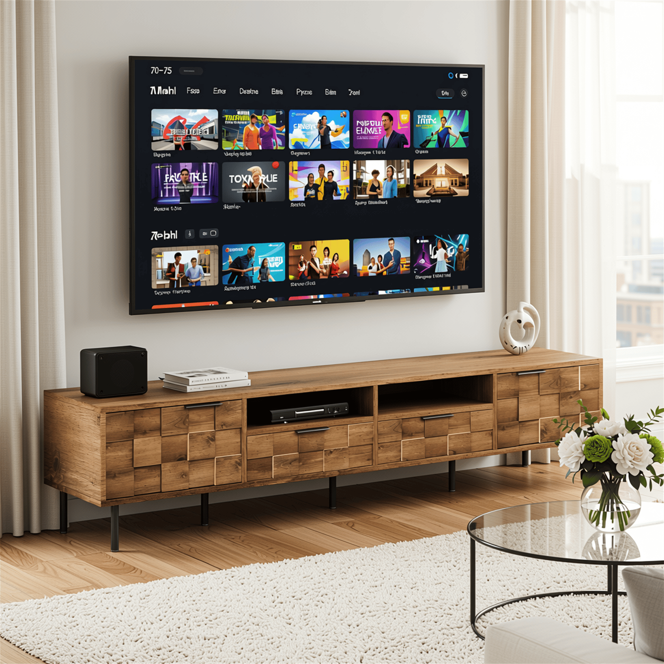 Homy Casa 78.7" Walnut TV Stand for 80" TVs with 3D Geometric Doors, 2 Drawers and Open Shelves
