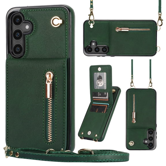 Crossbody Wallet Case for Samsung Galaxy S26 with Card Holders RFID Shockproof Cover, Back Magnetic Flip Kickstand Zipper Slot Case, PU Leather Cover Handbag Shoulder Strap Phone Case,Green