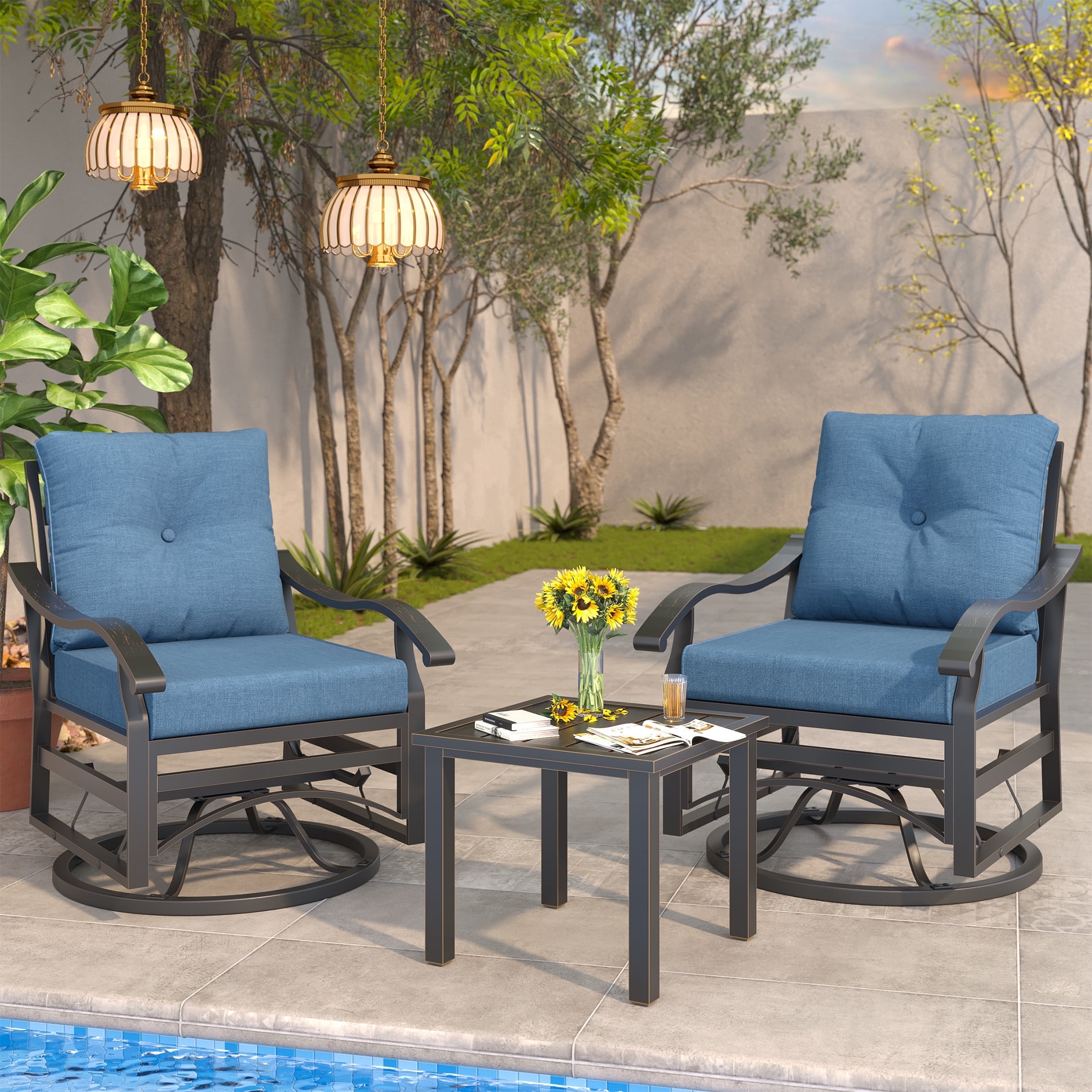 POTEBAN Outdoor Swivel Rocker Chairs, 3 Piece Metal Patio Rocking Chairs with Padded Cushions Patio Bistro Furniture Set with Side Table for Porch Balcony Backyard, Blue