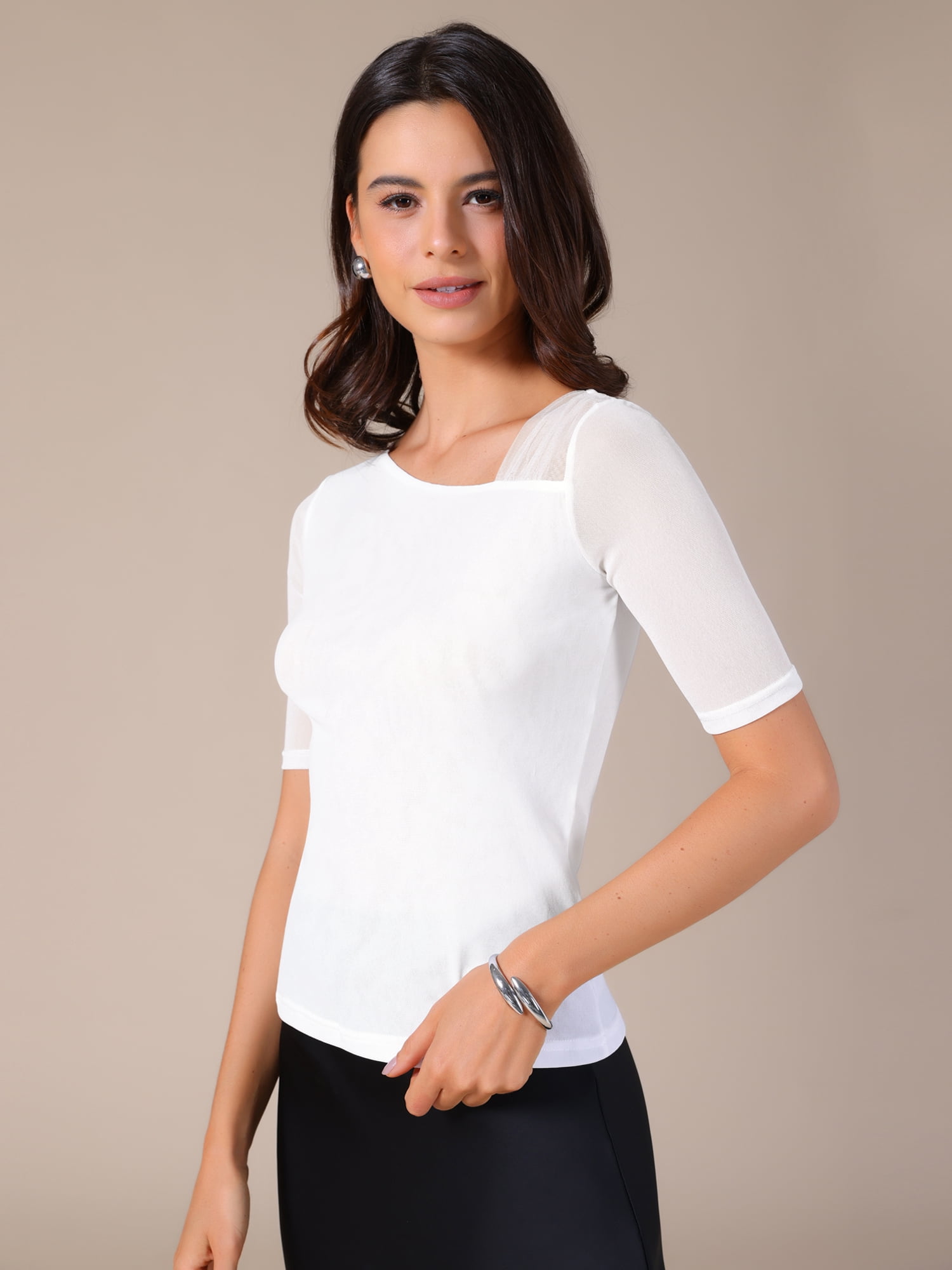 DARING DIVA Women's Half Sleeves Solid Color Stretchy Slim Fit T-Shirts L White