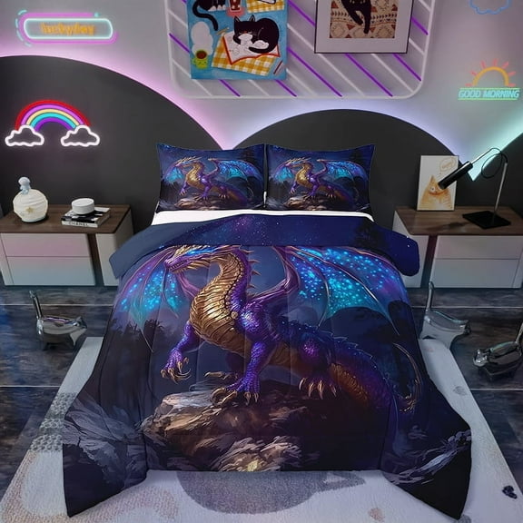 Western Dragon Bedding Set Twin,Galaxy Starry Sky Comforter Set Teen Men Magical Dragon Bedding Comforter Sets Fantasy Animal Duvet Insert Wildlife Room Decor
