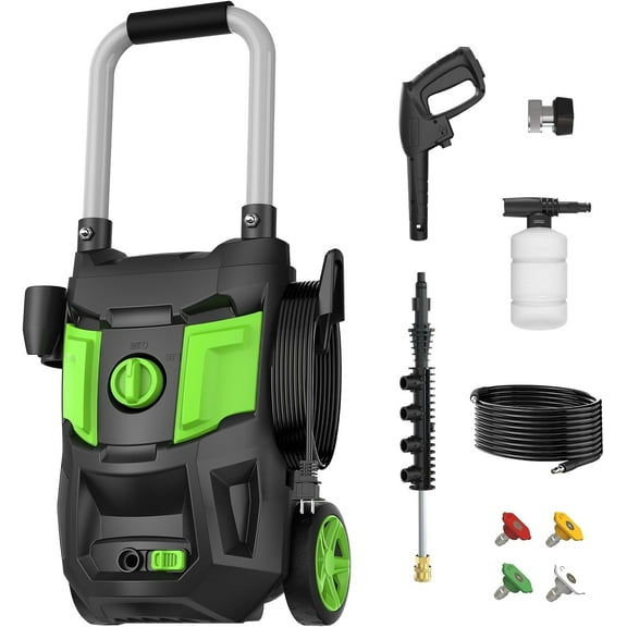 Electric Pressure Washer, 4500 PSI Max 3.0 GPM High Pressure Cleaning Machine with 35 FT Power Cord, 20 FT Hose, Foam Cannon, 4 Connect Nozzles for Car/Patio/Garage, Green