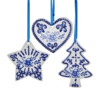 Kurt Adler 3" Porcelain Delft Blue Heart Tree Star Ornaments (3 Pack Assorted)