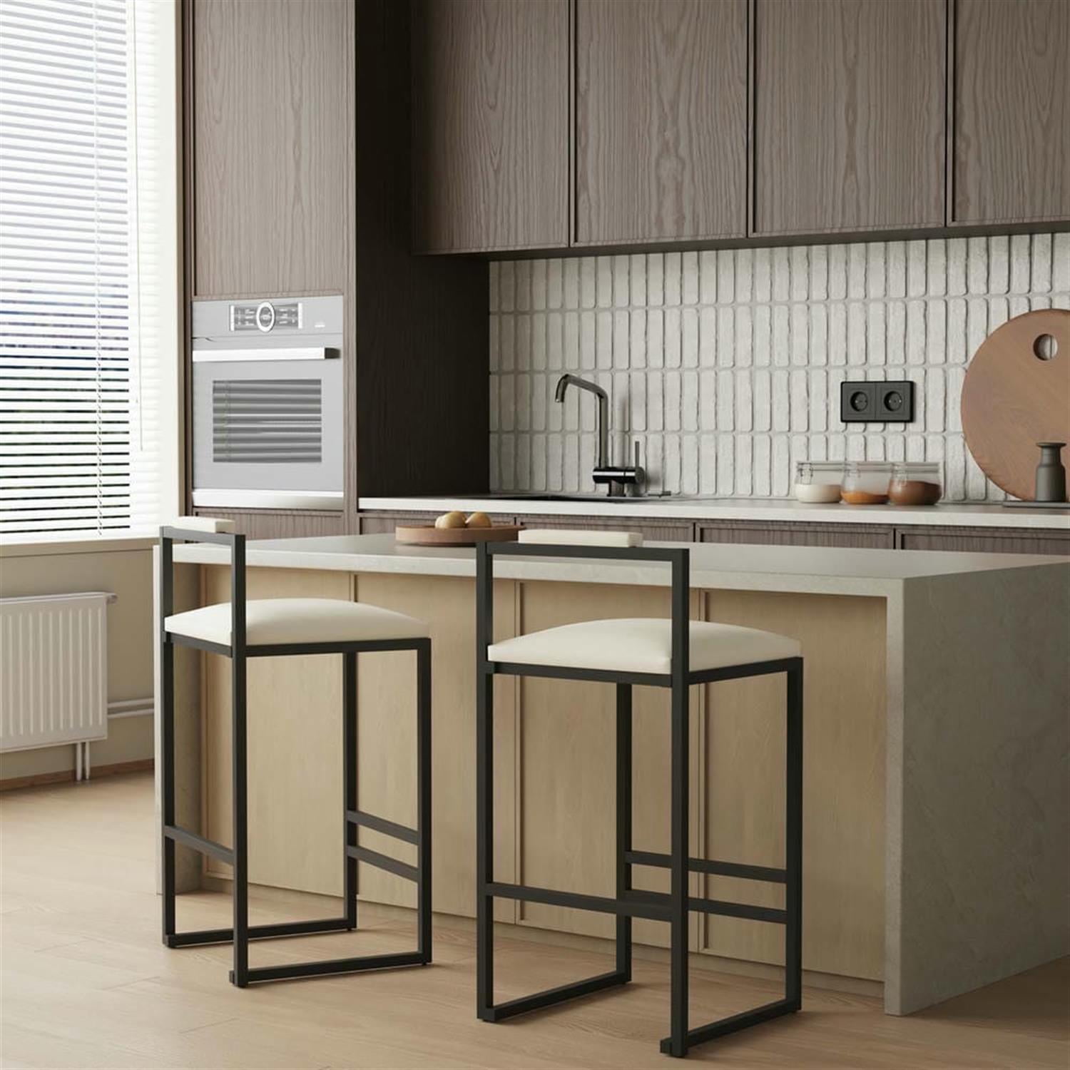 Demi Bonn 32" Counter Height Bar Stools Set of 2, PU Leather Upholstered Barstools with Back, Kitchen Island Countertop Chairs for Dining Room, Beige