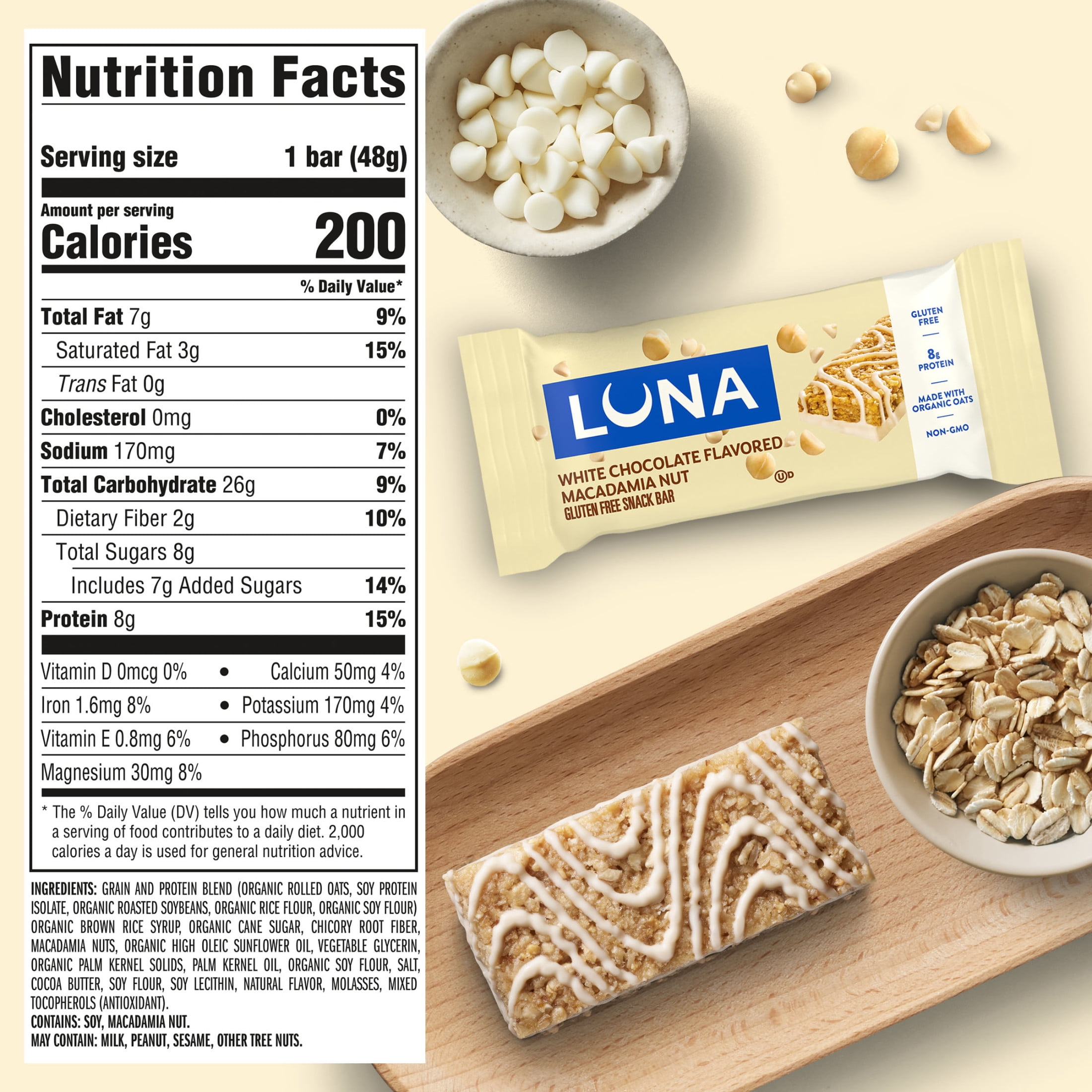 LUNA White Chocolate Macadamia Flavor Gluten Free Snack Bars, Protein Bars, 15ct