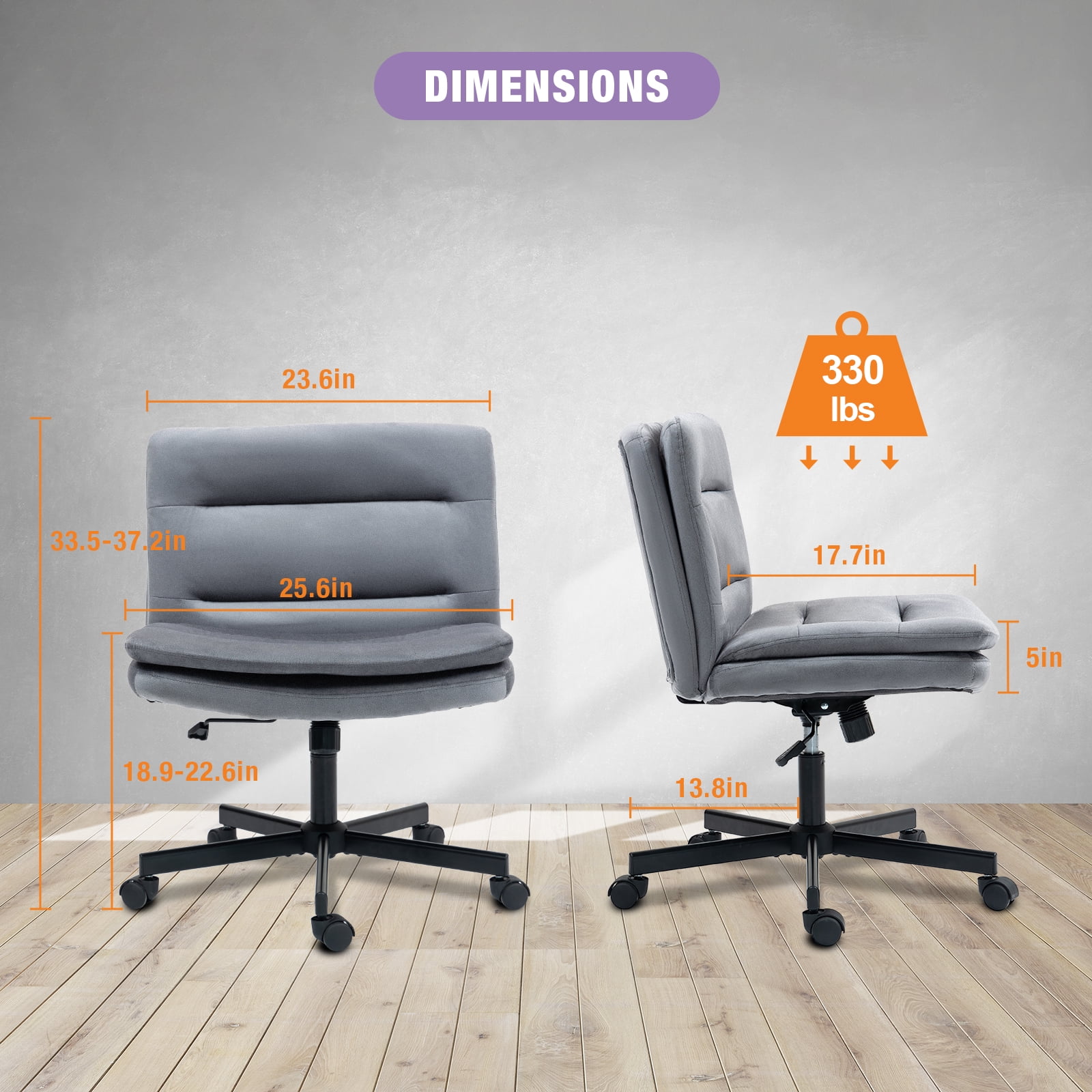 Criss Cross Legged Chair Ergonomic Home Office Desks Chair with Casters, Armless Wide Comfy Vanity Desk Seat Swivel Rolling Computer Chair, Adjustable Height, Rocking Function, Gray