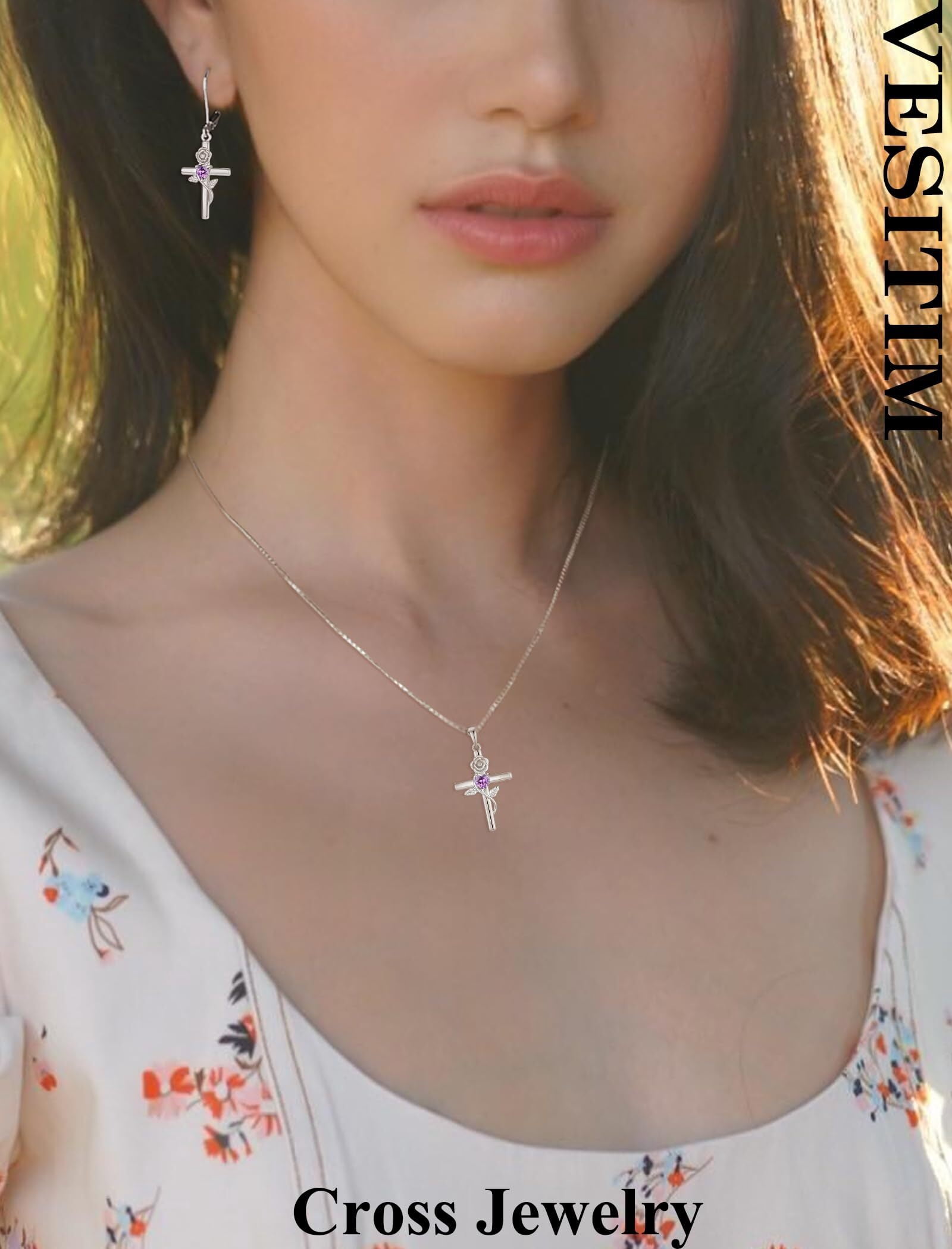 VESITIM Cross Earrings for Women Rose Flower Earring 925 Sterling Silver Dangle Drop Religious Jewelry Gift with Heart Created Amethyst Birthstones