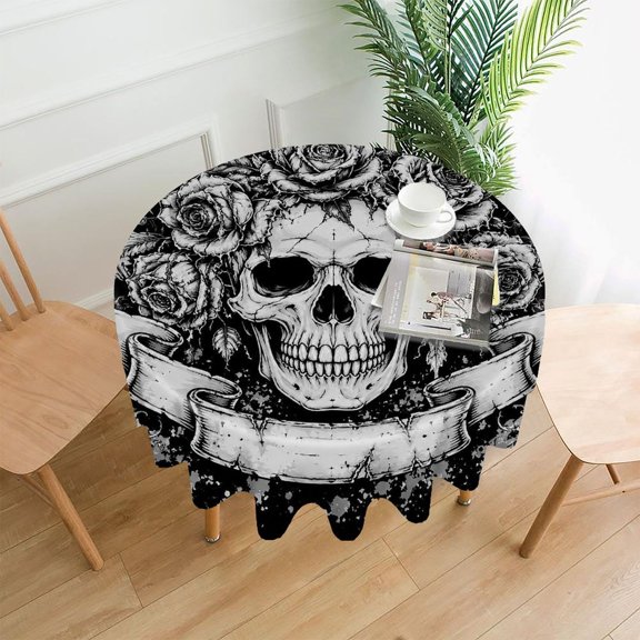 RKSupls 60 Inch Round Tablecloth, Rose Crown Skull Premium Polyester Straight Edge Wrinkle Resistant Washable Table Cover for Party Home Dining Decor