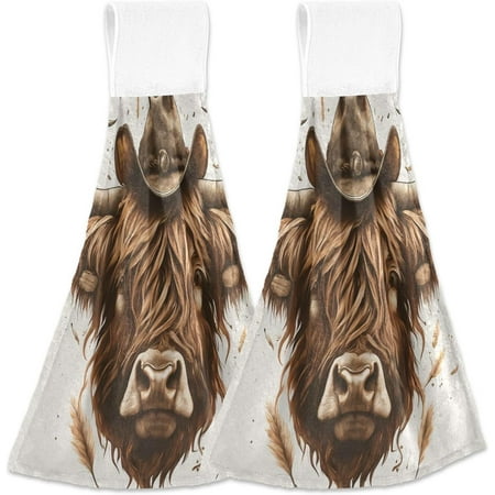 

Anyway.go Highland Cattle Cowboy Kitchen Hanging Hand Towels Vintage Scotland Cow Absorbent Tie Towel with Loop 2 PCS Kitchen Linen Sets for Bathroom Restroom Home Decor