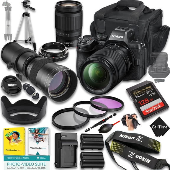 Nikon Z5 II Mirrorless Camera with Z 24-200mm f/4-6.3 VR And 420-800mm f/8 Manual Super HD Telephoto Lens   128 GB Memory   Extra Battery   Camera Case   More (24pc Bundle) (International Version)