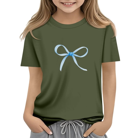 CCRFTGI Shirt for Child Girls Size 7 Funny Preppy Bowknot Graphic T Shirts Fashion T-Shirt Summer Tops Short Sleeve Crew Neck Gift T-Shirt Army Green 11-12 Years
