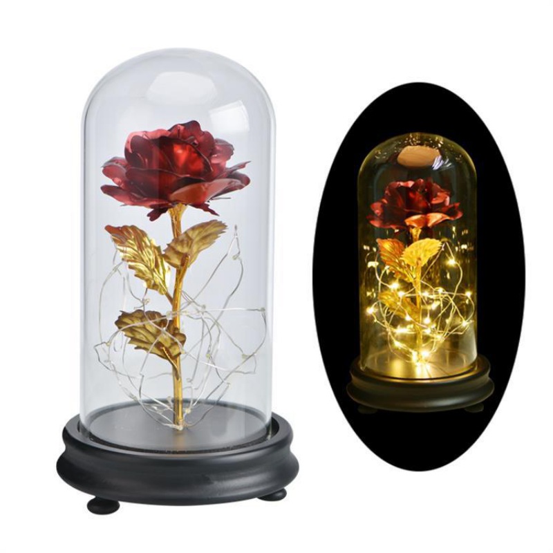 Crystal Rose In The Glass Dome Led Lights Gold Plated Valentine/'s Day Gift