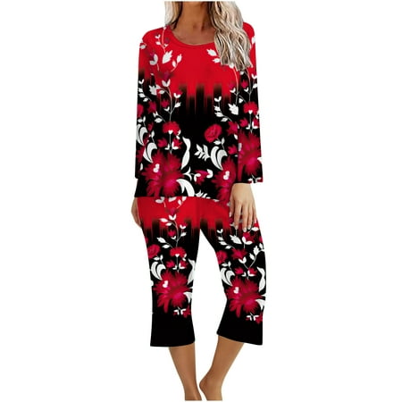 

oieyuz 2 Piece Pajama Sets for Women Comfy Long Sleeve Pullover Wide Leg Pants Flowy Printed Lounge Sets