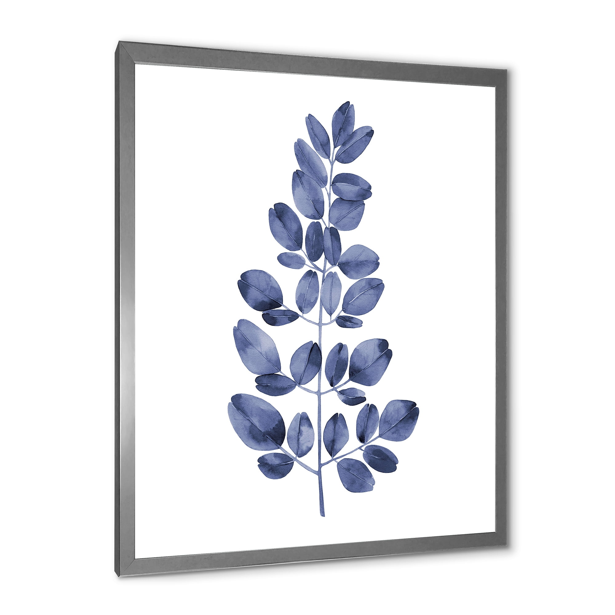 Designart 'Navy Blue Eucalyptus On White' Traditional Framed Art Print