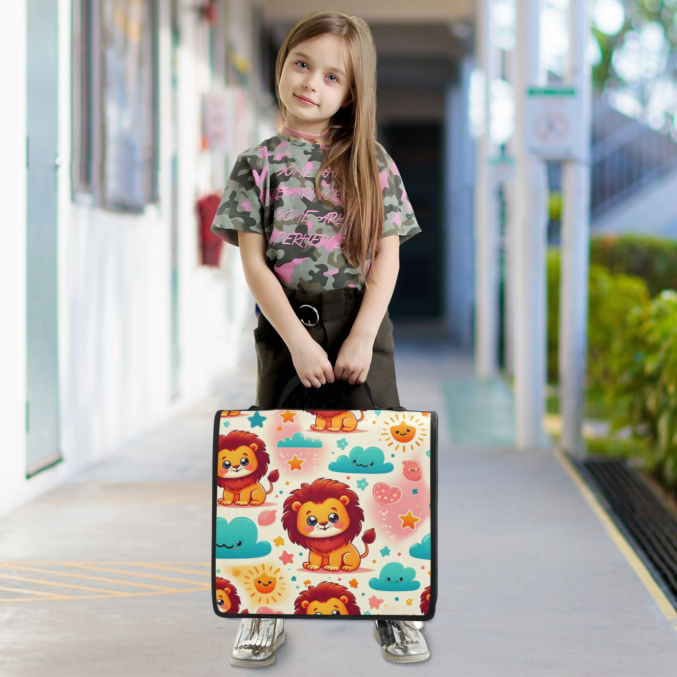 3 Ring Zipper Binder with Shoulder Strap Waterproof Trapper Keeper 2 Inch D-Ring 500 Sheets Capacity Cute Lion Sun Cloud