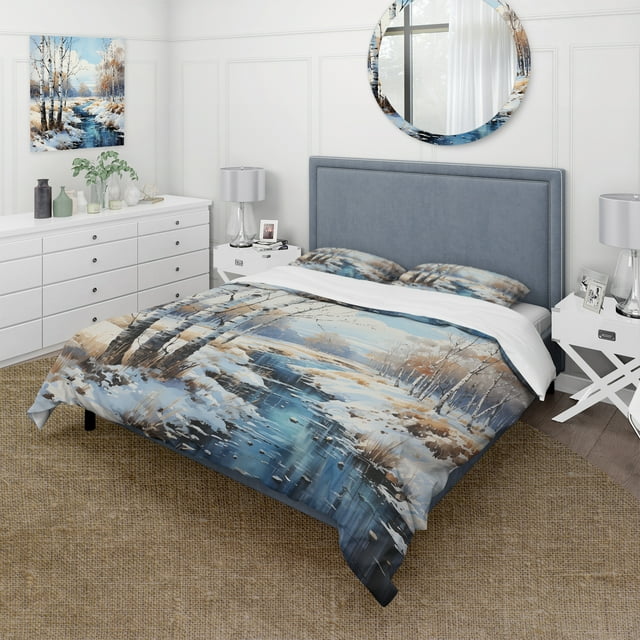 Designart "Birch Woods Winter IV" Tree Birch Bedding Covert Set - Traditional Blue Floral Bed Set With 1 Sham