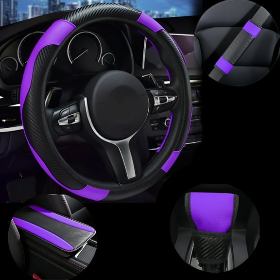 MELIVO Car Steering Wheel Cover Leather, Black and Red Steering Wheel Cover Set, Universal 15 Inch, Carbon Fiber Car Accessories for Women Men