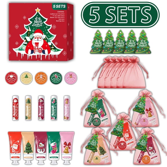 5 Sets Christmas Gift Box Set, Winter Skin Care Kit with Hand Cream, Lip Balm and Body Balm, Moisturizing Nourishing Holiday Gift Set for Women Family Friends