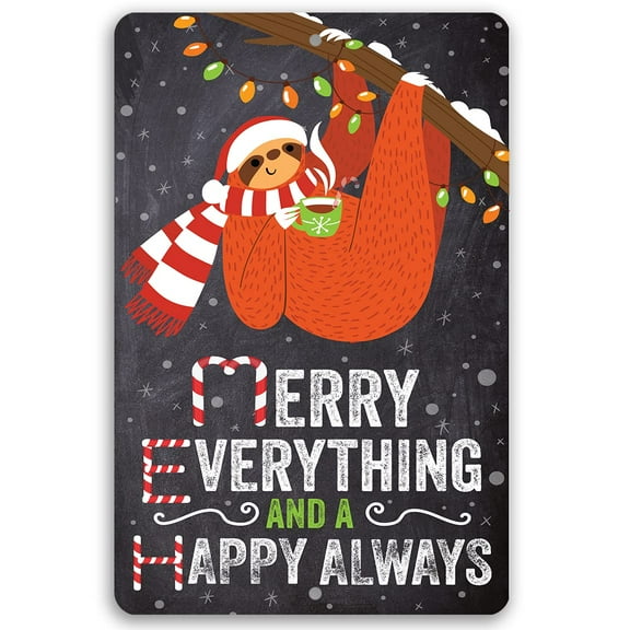 Christmas Themed Home Decor Metal Sign - Winter Holiday Decorations for Home Indoor/Outdoor - Decor Farmhouse Christmas Decor Signs, Porch Christmas Decor (8" x 12", Cute Hanging Sloth)