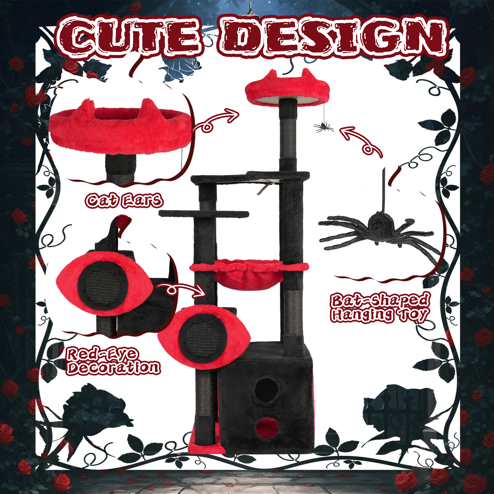 Tcbosik Cat Tree for Indoor Cats, 53 inch Cat Tower with Condo, Hammock and Padded Perch, Halloween Cat House with Scratching Post and Hanging Toy, Black & Red