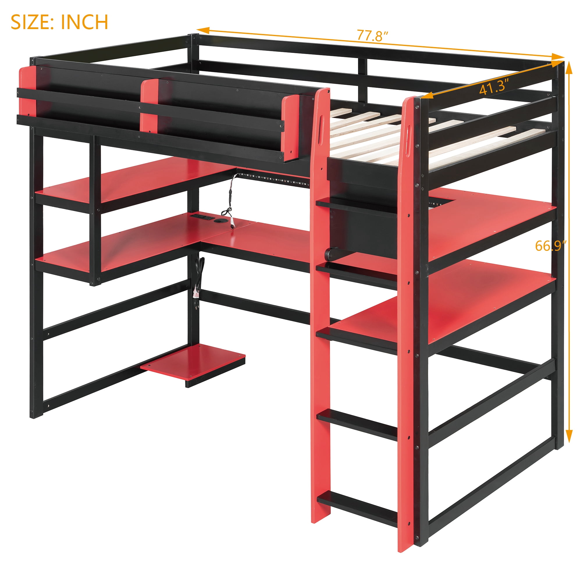 Mintazer Twin Size Gaming Loft Bed with U-Shaped Desk & LED Lights, Modern Bed Frame with Shelves & Charging Station for Dorm Bedroom Apartment, Black & Red